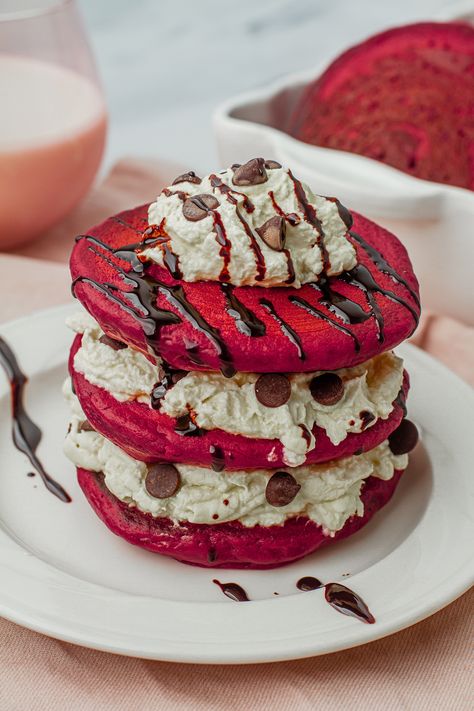 Homemade Red Velvet Pancakes Recipe | Meiko and The Dish Colorful Pancakes, Red Velvet Pancake, Velvet Desserts, Cream Cheese Whipped Cream, Four Cheese Pasta, Red Velvet Desserts, Red Velvet Pancakes, Cheese Sauce For Pasta, Cheese Sauce Recipe