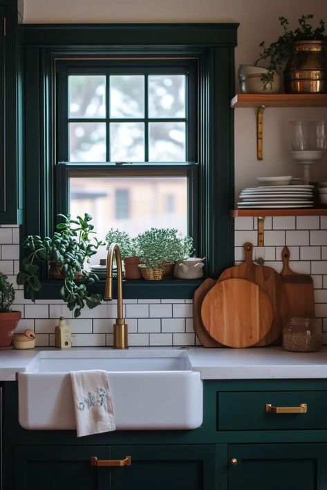 25 Moody Green Kitchens for a Cozy Aesthetic - Kitchen Informant Cozy Earthy Kitchen, Pnw Aesthetic Home, Moody Small Kitchen, Modern Moody Kitchen, Moody Cottage Interior, Moody Vintage Kitchen, Small Moody Kitchen, Moody Farmhouse Kitchen, Moody Green Kitchen