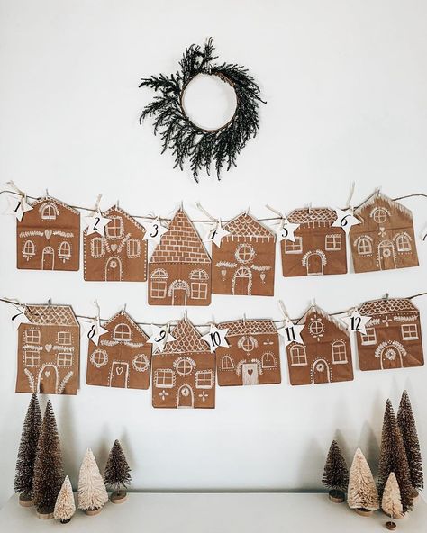 Brown Paper Bag Advent Calendar, Brown Paper Gingerbread House, Kraft Paper Gingerbread House, Gingerbread House Advent Calendar Diy, Brown Paper Bag Gingerbread House, Brown Bag Gingerbread House, Gingerbread House Paper Bags, Brown Paper Christmas Decorations, Paper Bag Gingerbread House Craft