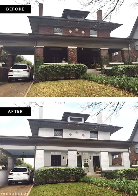 12 Amazingly Wonderful Exterior Home Makeovers | Laurel Home Brick House Makeover, Easy Home Renovations, Home Remodeling Exterior, Stone Porches, Brick Houses, Front Porch Makeover, Painted Brick House, Vacation Villa, Craftsman Exterior