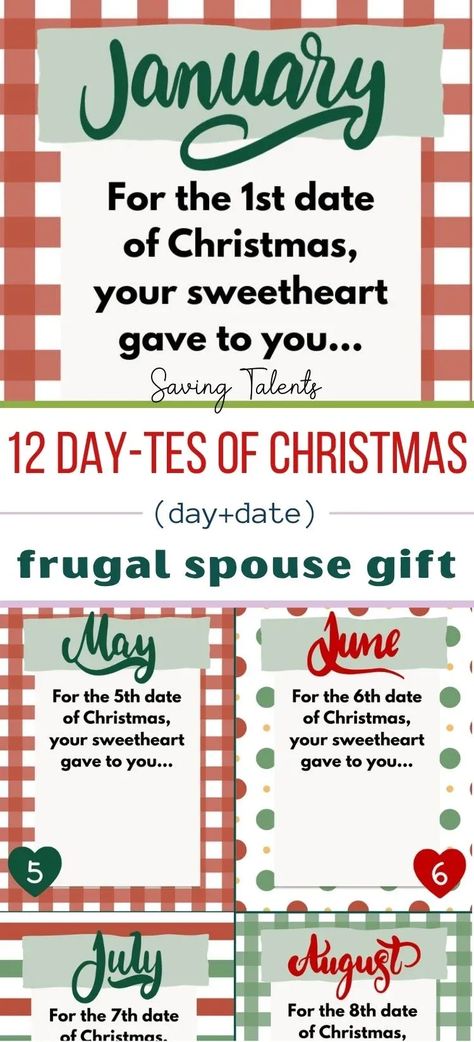 This free printable 12 Dates of Christmas is the perfect frugal Christmas gift or stocking stuffer for your husband, wife, or partner. Husband 12 Days Of Christmas Gift Ideas, 12 Days Of Christmas Husband, 12 Days Of Christmas Ideas For Husband, Date Night Christmas Gift For Couple, 12 Days Of Christmas For Husband, 12 Days Of Christmas Gift Ideas For Him, Christmas Gifts For Husband From Wife, 12 Days Of Christmas Gift Ideas, Gift Ideas Husband Christmas