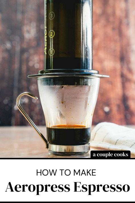 Here's how to make Aeropress espresso! You can get close to the real thing using this inexpensive coffee maker. #aeropress #espresso #espressorecipe #aeropresscoffee #easyespresso Espresso Recipe, Aeropress Recipes, Iced Chai Latte, A Couple Cooks, Ways To Make Coffee, Espresso Recipes, Portable Coffee Maker, Aeropress Coffee, Espresso At Home