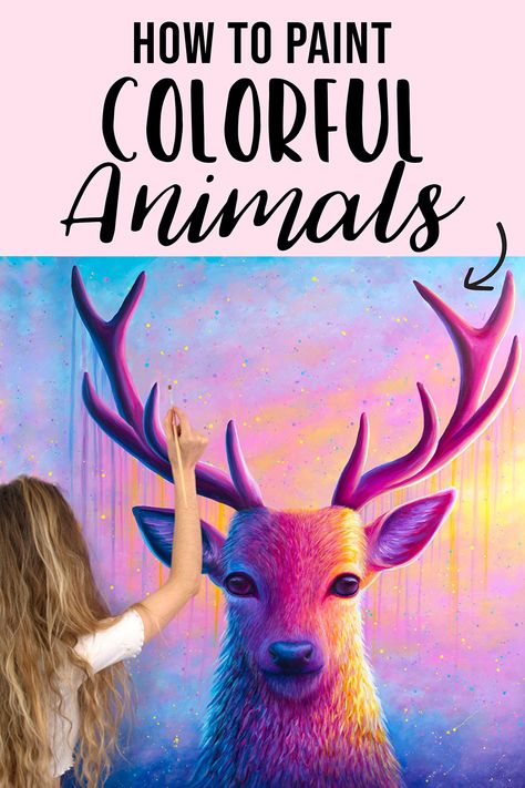 How to paint colorful animals! Learn how I painted this huge colorful stag painting in acrylic paints with this step by step art tutorial. Animals To Paint, Stag Painting, Step By Step Art, Colorful Animal Paintings, Purple Crafts, Lauren Elizabeth, Painting In Acrylic, Fur Texture, Craft Photography