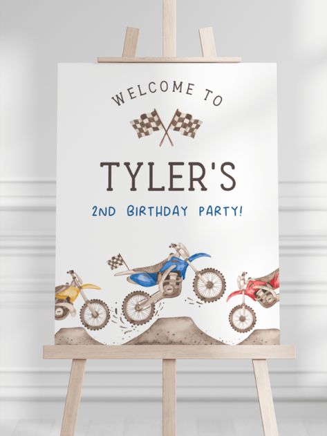 Motorbike Themed Birthday Party, Bike Themed Birthday Party, Dirt Bike Birthday Party, Bike Birthday Party, Bike Birthday Parties, Birthday Party Signs, Dirt Bike Party, Bike Party, Bike Birthday