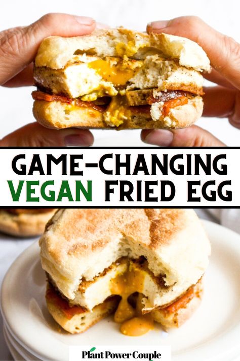 Two head on photos of hands holding a breakfast sandwich with a bite taken out of it and text reading: game-changing vegan fried egg Vegan Breakfast Ideas Easy, Salty Vegan Breakfast, Vegetarian Egg Recipes, Cool Vegan Recipes, Fried Vegan Food, Southern Vegan Recipes, Vegan Just Egg Recipes, Meatless Breakfast Ideas, Vegan Egg Sandwich