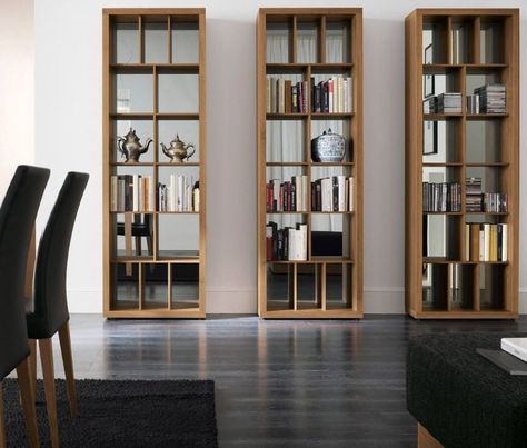 Mirror-backed bookcases Architecture Exhibition, Wooden Bookcase, Built In Bookcase, Home Studio, The Eye, Shelving Unit, Living Area, Bookshelves, Home Goods