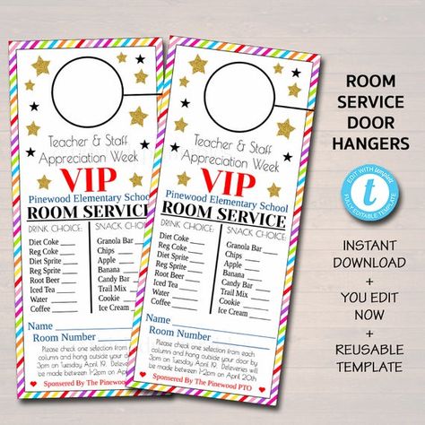 EDITABLE Room Service Door Hanger, INSTANT DOWNLOAD, Teacher and Staff Appreciation Ideas, Printable Editable Thank You Tags, School Pto Pta Pto Board, Teacher Appreciation Themes, About Teacher, Sunshine Committee, Teacher Morale, Service Template, Snack Cart, Teachers Week, Staff Appreciation Week