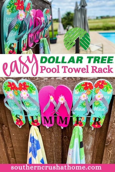 summer pool towel rack flip flops hanging pool beach towels Pool Towel Holder Ideas, Diy Pool Towel Holder, Poolside Towel Storage, Dollar Tree Towel Rack, Diy Towel Rack For Pool, Pool Towel Storage Ideas, Towel Rack For Pool, Pool Towel Rack Diy, Towel Rack Diy