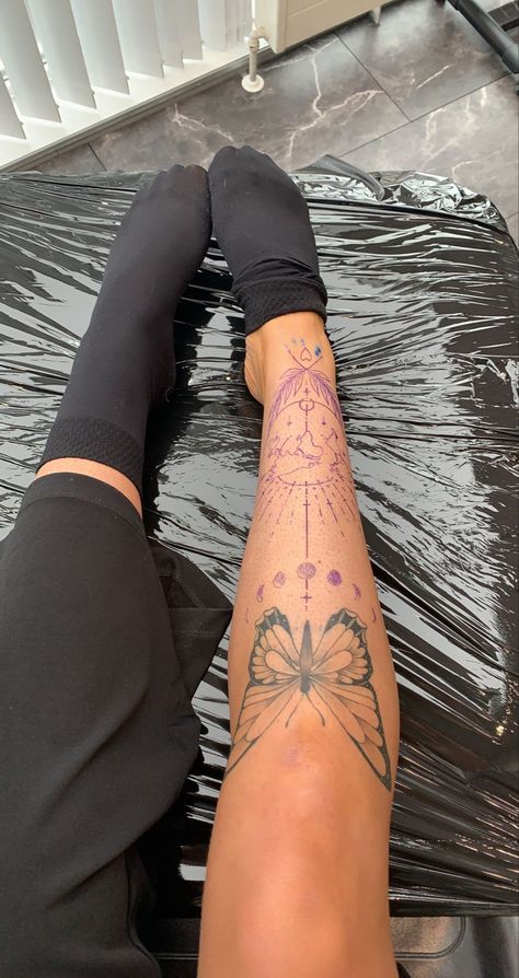 Womens Around The Knee Tattoo, Unique Above The Knee Tattoo, Butterfly Shin Tattoos For Women, Lower Knee Tattoos Women, Dainty Leg Sleeve Tattoo, Boho Leg Tattoos Women, Both Legs Tattoos For Women, Women’s Shin Tattoo Ideas, Outline Leg Tattoo