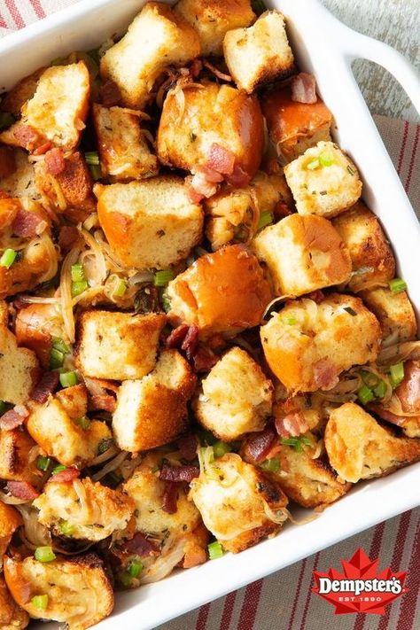 Elevate your Thanksgiving feast by adding this rich and delicious Caramelized Onion and Bacon Holiday Stuffing to your table. Featuring Dempster’s® Deluxe Brioche Style Pull Aparts Rolls, caramelized onions, bacon and herbs, this recipe is packed with fall flavours. It's the perfect accompaniment to any holiday dinner. Serves twelve. Caramalized Onions, Holiday Stuffing, Easy Stuffing Recipe, Pull Aparts, Holiday Entertaining Food, Pasta Dinner Recipes, Caramelized Onion, Dinner Plan, Holiday Recipes Christmas