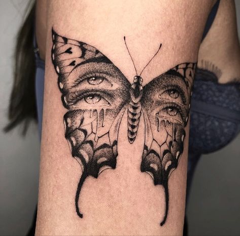 Butterfly Eyes Tattoo, Butterfly With Eyes Tattoo, Butterfly With Eyes, Nature Tattoo Sleeve, Eyes Tattoo, Butterfly Eyes, Self Love Tattoo, Dark Art Tattoo, Tattoo Art Drawings