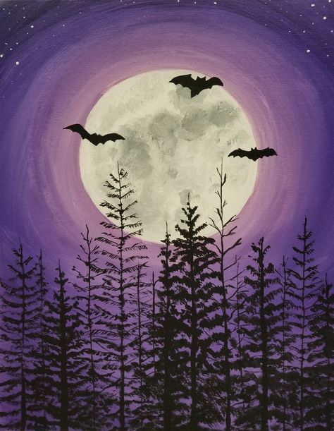 Bats Painting Easy, Halloween Sip And Paint Party Ideas, Simple Bat Painting, Spooky Sky Painting, Paint Night Halloween, Scary Artwork Easy, Halloween Canvas Art Easy, Halloween Diy Painting Canvas Easy, Purple Halloween Painting