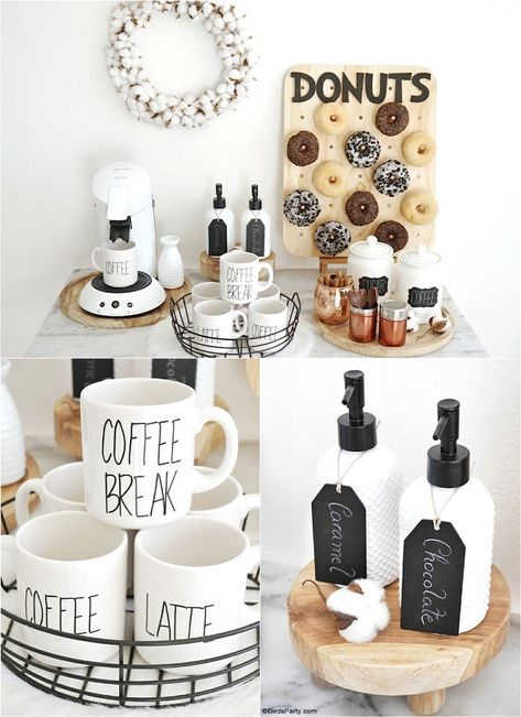 How to Style a Coffee and Donuts Bar for a Party - easy, quick and inexpensive DIY craft projects and ideas to set up a drinks station for entertaining! by BirdsParty.com @birdsparty #coffeebar #coffeestation #diycoffeebar #coffeedonutspartyideas #partyideas #winterparty #babyshower #bridalshower #donutsparty #donutswall #diydonutswall #diydonutsboard #donutsbirthday Hot Beverage Station, Donuts Wall, Coffee Bar Party, Donut Craft, Drinks Station, Cookout Party, Diy Donuts, Diy Coffee Bar, Donut Bar