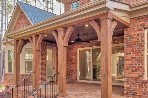 Porch, Cedar Columns, Outdoor Living, Brick. Front Porch Column Ideas, Porch Column Ideas, Cedar Columns, Front Porch Stone, Brick Ranch Houses, Column Ideas, House Columns, Craftsman Porch, Exterior Columns