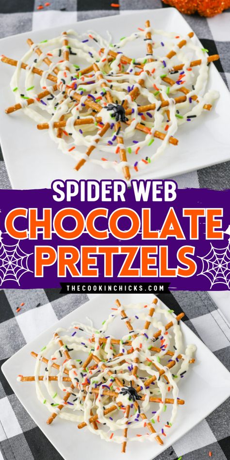 Perfect for Halloween or any themed party, these Spider Web Pretzels are sure to be a hit! Easy to make using only a few simple ingredients and the perfect salty sweet treat! Pretzels Spider Webs, Easy Halloween Pretzel Treats, Pretzel Stick Spider Webs, Stick Pretzel Treats, Spider Pretzel Treats, Chocolate Pretzel Spider Webs, Pretzel Spider Web Halloween Treats, Easy Homemade Halloween Treats, Halloween Treats Pretzels