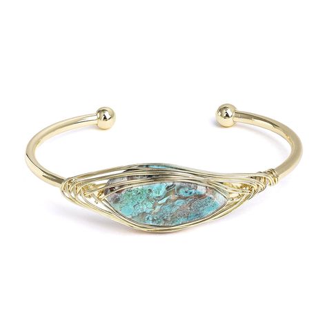 PRICES MAY VARY. ✨Unique design: The cuff bracelet has a simple yet elegant design with a minimalist aesthetic, perfect for everyday wear. The wire wrapped around the gemstones adds a bit of visual interest and texture, making it stand out from the crowd. ✨Excellent Material: The bangle bracelet is made of gold-plated copper wire and natural stones. This gives it a shiny metallic look that is both eye-catching and durable green crystals are encased in the wire, adding color and texture to the br Gemstone Cuff Bracelet, Wire Wrapped Bangles, Bangles Making, Stone Wrapping, Turquoise Bracelet Cuff, Handmade Bangles, Cuff Bangle Bracelet, Gold Bracelet Cuff, Natural Stone Bracelets