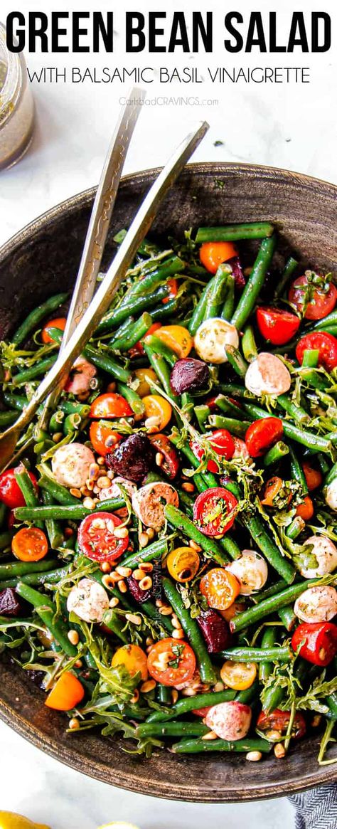 Green Bean Salad with Balsamic Basil Vinaigrette (make ahead! tips & tricks) Green Bean Salad Recipes, Green Bean Salad, Make Ahead Salads, Basil Vinaigrette, Carlsbad Cravings, Salad Salad, Green Bean Salads, Bean Salad Recipes, Salad Pasta