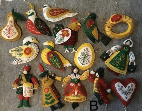 Christmas Hand Embroidery, Diy Felt Christmas Ornaments, Christmas Ornament Pattern, Twelve Days Of Christmas, Felt Decorations, Felt Christmas Ornaments, Christmas Ornament Sets, Christmas Ornament Crafts, Cotton Embroidery