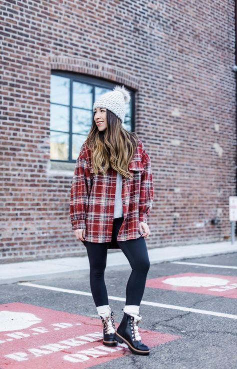 Red And White Shacket Outfit, Shackets And Leggings, Plaid Hoodie Outfit, Red Plaid Shacket Outfit, Red Shacket Outfit, Plaid Shacket Outfit, Flannel And Leggings, Printed Leggings Outfit, Grey Leggings Outfit