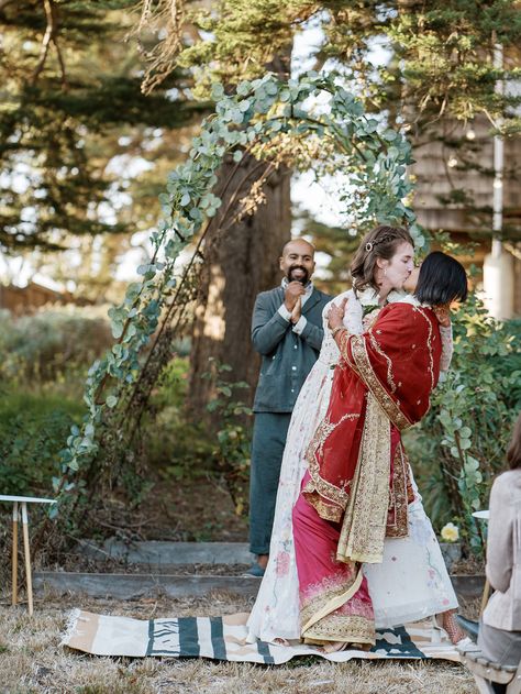 Queer Women Wedding, Traditional Lesbian Wedding, Queer Indian Wedding, Hindu Lesbian Wedding, Coastal Backyard, Backyard Wedding Photography, Indian American Weddings, Grunge Couple, Indian American