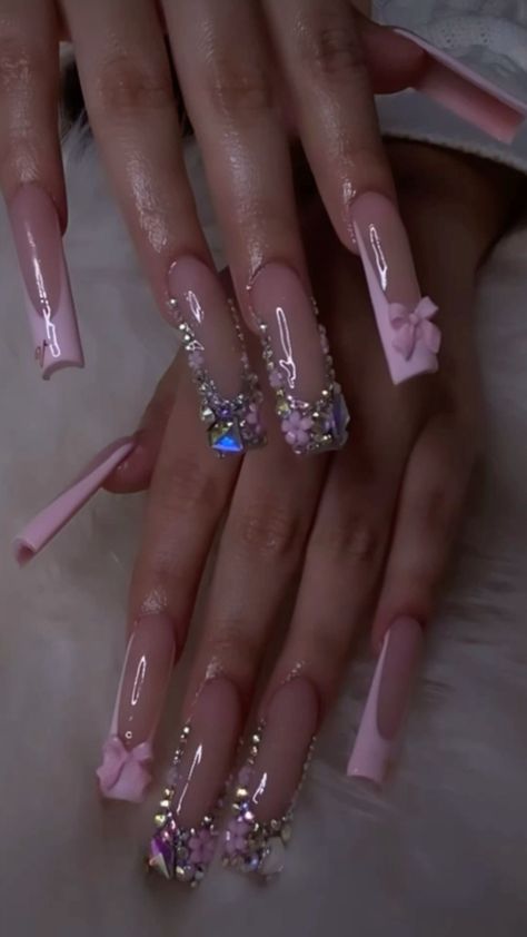 Long Nail Ideas With Initial, Hello Kitty Bling Nails, Cute Bling Nails, Full Bling Nails, Tapered Square Nails, Long Acrylic Nail Designs, Hard Nails, Girly Acrylic Nails, Dope Nail Designs