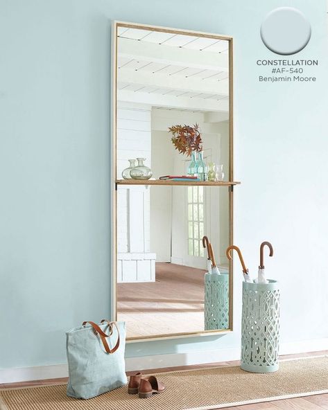 August - September 2019 Paint Colors | How to Decorate Mirror Entry, Light Blue Paint Colors, Light Blue Paints, Entry Mirror, Entryway Mirror, Blue Paint Colors, Entry Way Design, Mirror With Shelf, Entry Hall