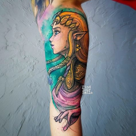 Orlando watercolor tattoo artist @findyoursmile || Arlia Tattoo Princess Zelda Tattoo, Nintendo Tattoo, Watercolor Tattoo Artists, Video Game Tattoos, Zelda Tattoo, Gamer Tattoos, World Famous Tattoo Ink, Princesa Zelda, Princess Tattoo