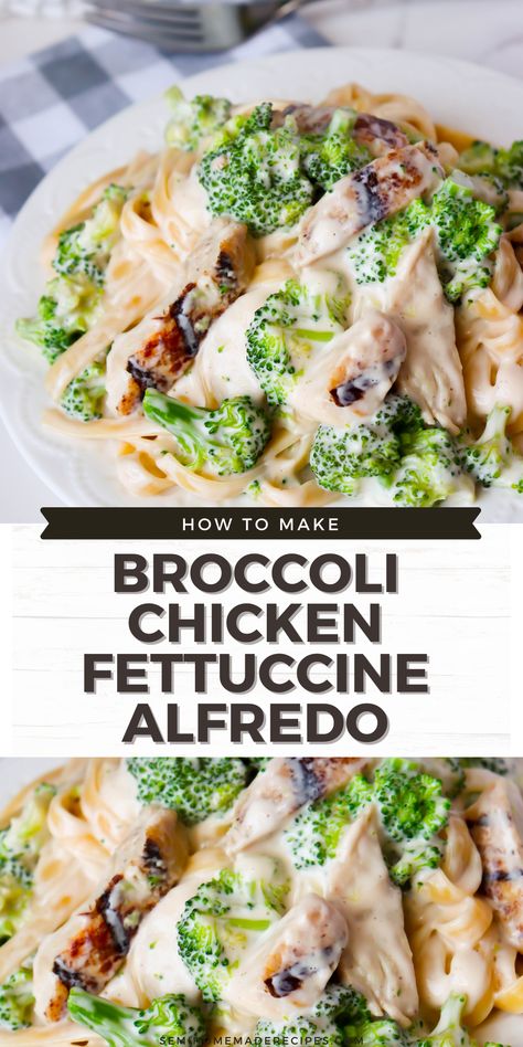 Ready for a great semi homemade dinner idea? This super easy Broccoli Chicken Fettuccine Alfredo recipe uses your favorite jarred alfredo sauce, frozen broccoli florets, chicken and fettuccini pasta to create a super tasty and fast meal! Fettuccini Alfredo With Broccoli, Recipes That Use Alfredo Sauce, Homemade Chicken Broccoli Alfredo, Alfredo Sauce Dinner Ideas, Fettucini Alfredo Recipe Chicken Easy, Baked Chicken Alfredo Pasta Broccoli, Fettuccini Bake, Broccoli Fettucini Alfredo, Jarred Alfredo Sauce Recipes