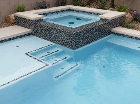 Raised Spa With Spillover, Indoor Pool House, Pool Stuff, Lagoon Pool, Small Swimming Pools, Pool Renovation, Spa Ideas, Pools Backyard, Small Pool Design