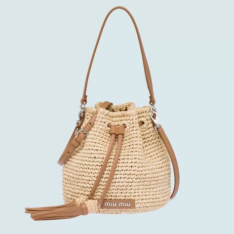 Woven bucket bag with shoulder strap | Miu Miu 5BE036_2CAK_F0KFZ_V_OOO Miu Miu Dress, Formal Pumps, Designer Replica, Raffia Bag, Manolo Blahnik, Baby Dress, Miu Miu, Online Boutique, Phone Numbers