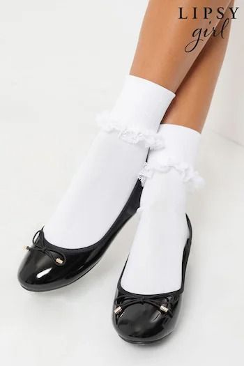 Girls' School Shoes | School Shoes With Bows | Next UK Flat Shoes With Socks, Ballerina Flats With Socks, Ballet Flats Socks, School Shoes Aesthetic, Ballet Pumps Outfit, Ballerina Socks, Ballerina Flats Shoes, Patent Ballet Flats, Socks For Flats