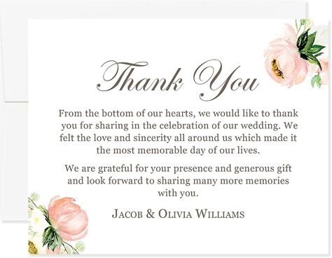 Amazon.com : Personalized Wedding Thank You Cards with Message, Flat Thank You Note Cards with Pink Floral : Office Products Wedding Thank You Wording Messages, Wedding Gift Thank You, Wedding Guest Thank You Note, Thank You Message For Principal Sponsors, Thank You For Wedding Gift, Thank You Card For Wedding, Thank You Cards For Wedding, Wedding Gift Thank You Cards Wording, Thank You Message For Wedding Guests