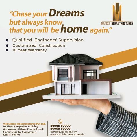 Chase your Dreams but always know that you will be Home again... 📌Qualified Engineers Supervision 📌Customized Construction 📌10 year warranty For more details 📞8606580000,8606858000 Yoga Poster Design, Simple Living Room Designs, Real Estate Marketing Design, One Pager, Ads Banner, Real Estate Ads, Furniture Ads, Yoga Poster, Simple Living Room