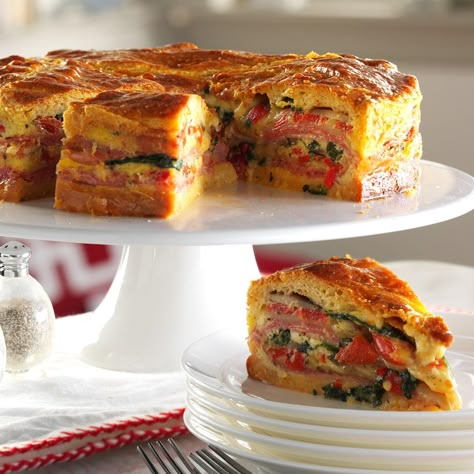 Italian Brunch Torte Recipe -We always serve this impressive layered breakfast bake with a salad of mixed greens and tomato wedges. It is one of our most requested dishes and can be served warm or cold. —Danny Diamond, Farmington Hills, Michigan Brunch Torte, Instagram Log, Italian Brunch, Church Potluck Recipes, Biscuits Graham, Torte Recipe, Potluck Recipes, Breakfast Bake, Breakfast Brunch Recipes