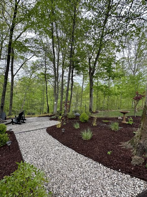 Large Natural Area Landscaping, Pathway In The Woods, Sloped Wooded Backyard, Wooded Yard Landscaping, Path To Fire Pit, Gravel Fire Pit Area, Woodsy Backyard, Wooded Backyard Landscape, Patio Garden Ideas On A Budget