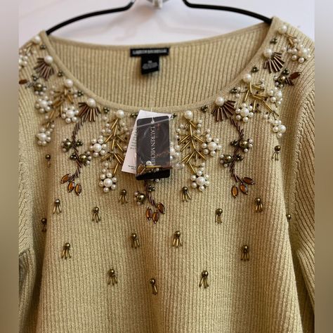 Clothes For Women Over 50, Embellished Shirt, Embroidery Sweater, Beaded Sweater, Bead Embroidery Patterns, Beaded Neckline, Embroidery Designs Fashion, Ribbed Knit Sweater, Refashion Clothes