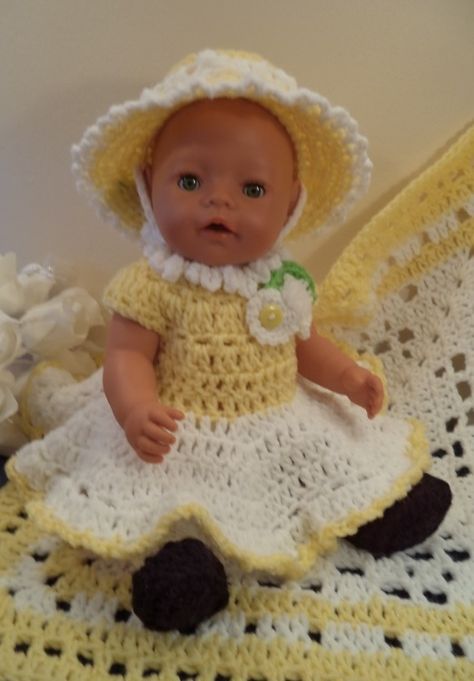 Sunny Days - 16" baby - Free Original Patterns - Crochetville Crochet 10 Inch Doll Clothes Free Pattern, Crochet Baby Doll Accessories Free Patterns, Crochet Baby Doll Accessories Free Pattern, 12 Inch Baby Doll Clothes Patterns Free Crochet, 15 Inch Doll Clothes Patterns Free Crochet, Baby Born Clothes, Baby Alive Doll Clothes, Crochet Doll Clothes Patterns, American Girl Crochet