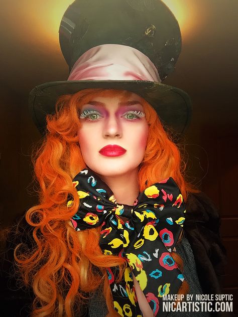 Mad Hatter Makeup -- Alice in Wonderland -- Tim Burton and Johnny Depp version -- Orange Hair and Bowtie! Hello, sweet hat. Makeup by Nicole Suptic Scar Halloween Costume, Hatter Makeup, Alice In Wonderland Tim Burton, Mad Hatter Makeup, Mad Hatter Halloween Costume, Alice In Wonderland Makeup, Tim Burton Johnny Depp, Mad Hatter Top Hat, Cheveux Oranges