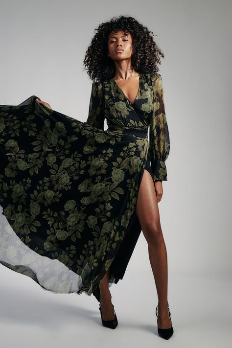 LUCIANNA MAXI WRAP DRESS in colour Green Floral Long Sleeve Wedding Guest Dresses, Mia Aesthetic, Corsets Fashion, Floral Satin Dress, Winter Wedding Guest Dress, Gorgeous Places, Character Clothing, Extra Skin, Day To Night Dresses