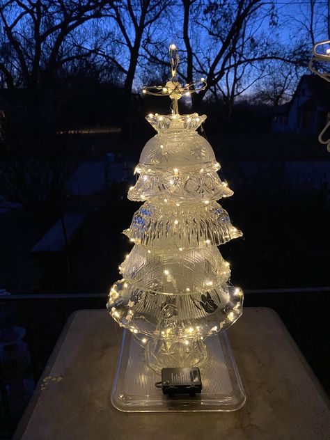 Cut Glass Christmas Tree, Glass Dish Christmas Tree, Crystal Bowl Christmas Tree, Glass Bowl Christmas Tree, Dish Lamp, Glass Globes Crafts, Goodwill Christmas, Clear Glass Christmas Tree, Christmas Booth