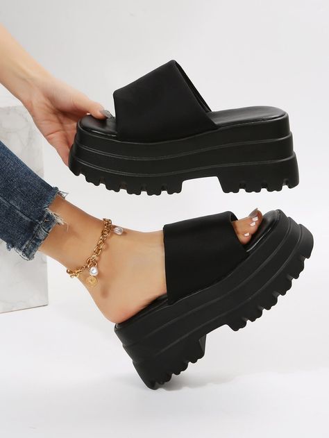 Black Fashionable Collar Plain Wedges Slide Sandals Embellished Women Shoes Platform Slides Outfit, Platform Sandals Black, Black Platform Sandals, Slides Women, Platform Slides, Platform Slippers, Clothes Style, Slipper Sandals, Chunky Platform