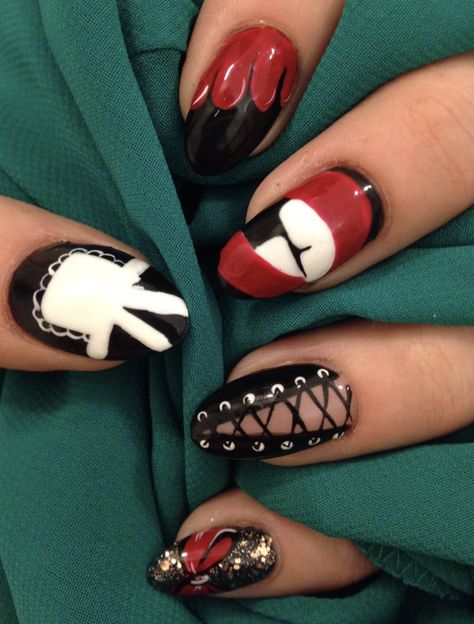 Rocky Horror Nails Art, Rocky Horror Picture Show Nails, Rocky Horror Nails, Horror Nails, November Nails, September Nails, Romantic Nails, October Nails, Halloween Nail Designs