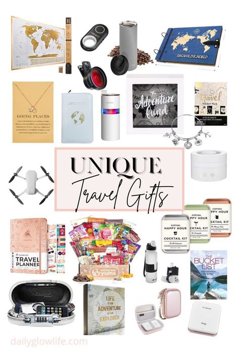 "Unique Gift Ideas for the Travel Enthusiast in Your Life" Travel Theme Basket, Travel Essential Gift Basket, Present For Traveler Gifts For Travelers, Christmas Gifts For Travel Lovers, Adventure Basket Gift Ideas, Travel Gift For Boyfriend, Travel Theme Gift Basket, Diy Gift For Traveler, Travel Gift Box Ideas