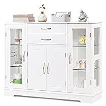 Check this out! Glass Shelves Kitchen, White Buffet, Sideboard Storage Cabinet, Wood Buffet, White Dining Room, Buffet Server, Kitchen Sideboard, Glass Cabinet Doors, Buffet Cabinet