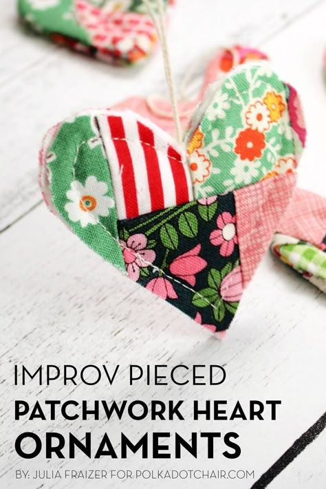 Today we are going to show you how to turn some of your favorite fabric scraps into a beautiful patchwork heart ornament. This ornament is created with improv quilt piecing techniques and is a great way to stretch your creative muscles! Free Baby Quilt Patterns, Mason Jar Christmas Gifts, Granny Square Quilt, Polka Dot Chair, Mini Quilt Patterns, Patchwork Heart, Christmas Sewing Projects, Quilted Ornaments, Sewing Tutorials Free