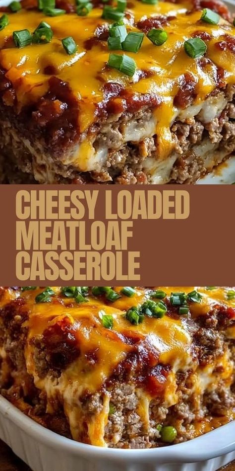 🧀 Comfort food lovers, this Cheesy Loaded Meatloaf Casserole is a must-try! Packed with savory ground beef, gooey melted cheese, and hearty flavors, this recipe is perfect for weeknight dinners or family gatherings. 🥩✨ Ready in under an hour, it’s a simple, delicious dish that’s sure to impress everyone at the table. Save this pin and make your next meal unforgettable! 💕🍽️ #CheesyRecipes #ComfortFoodFavorites #MeatloafCasserole #DinnerInspiration #EasyFamilyMeals Loaded Meatball Casserole, Quick And Easy Oven Dinner Recipes, Main Entree Recipes Dinners, New Beef Recipes, Low Cost Casserole Recipes, Easy Ground Meat Dinner Ideas, Dinner With Ground Beef Easy, Dolly Parton Five Layer Casserole, Dinner Recipes Using Velveeta Cheese