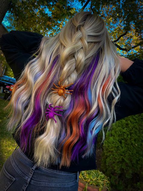 Halloween Hair Blonde, Blonde Halloween Hair, Blonde Hair With Vivid Peekaboo, Hair Color Ideas Streaks, Blonde Hair With Peekaboo Color Fun, Blonde Hair With Vivid Colors, Blonde And Vivid Hair Color, Orange And Purple Highlights, Orange And Purple Hair