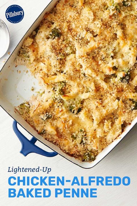 You love our famous Chicken-Alfredo Baked Penne, and now we’ve made an equally delicious casserole that is inspired by the original, but cuts the calories (45 percent per serving!) for those times you want a creamy, cozy casserole without all the guilt. A scratch Alfredo sauce made with Neufchâtel cheese, a punch of broccoli and chopped chicken help lighten up this dish without sacrificing any flavor. Plus, we added a panko bread crumb topping for extra crunch! Chicken Alfredo Penne Bake, Neufchatel Cheese Recipes, Chicken Alfredo Bake, Chicken Broccoli Alfredo, Baked Penne, Chicken Penne, Chicken Alfredo Recipes, Chicken Alfredo Pasta, Pasta Pasta