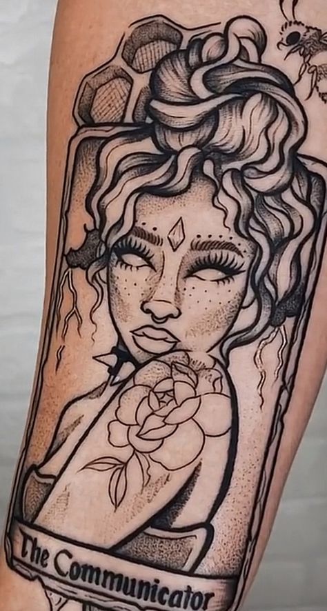 Edgy Things To Draw, Goddess Sleeve Tattoos For Women, Black Gray Traditional Tattoo, Virgo Tattoo Designs Black Women, Magical Sleeve Tattoos For Women, Medusa Tarot Tattoo, Tattoo Portfolio Examples, Black Goddess Tattoo Design, Full Back Tattoo Women Ideas