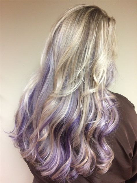 Blonde Lavender Hair Highlights, Light Purple Streaks In Blonde Hair, Unique Blonde Hair Color Ideas Fun, Blonde Hair With Light Purple Highlights, Blonde Hair With Colored Peekaboos, White Hair Purple Highlights, Subtle Purple Highlights Blondes, Blond Hair With Purple Underneath, Pink And Purple Streaks In Blonde Hair